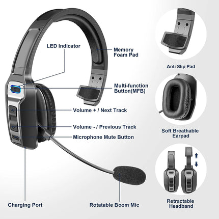 Bluetooth 5.2 Wireless Headset With Noise Cancelling Mic For Phones PC