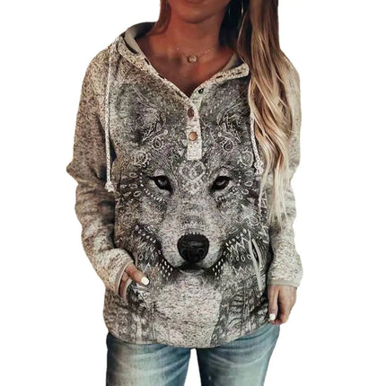 Casual Women's Hoodie with Animal Wolf Print