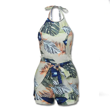 New European Style Printed Tie Shorts Jumpsuit