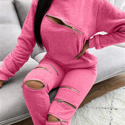 Fashionable Women's Casual Zip Hoodie Set (Two Pieces)