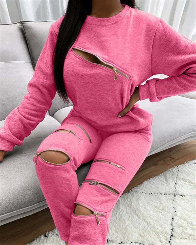 Fashionable Women's Casual Zip Hoodie Set (Two Pieces)