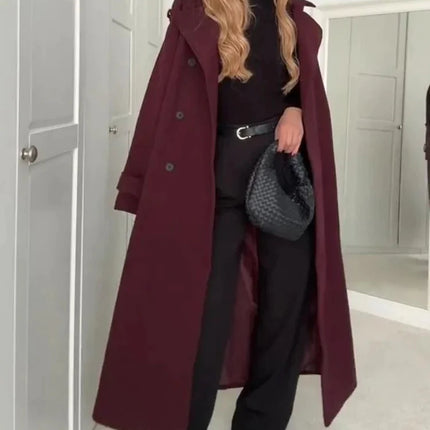 Elegant Bordeaux Lapel Mix Maxi Overcoat