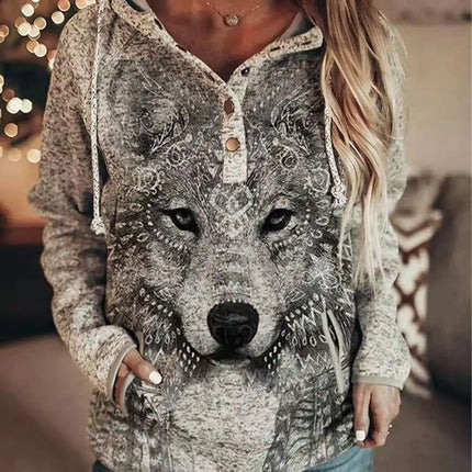Casual Women's Hoodie with Animal Wolf Print