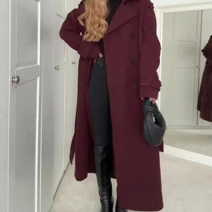 Elegant Bordeaux Lapel Mix Maxi Overcoat