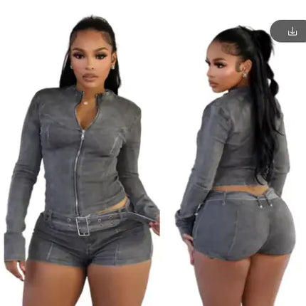 Women's Denim 2-Piece Set: Zip-Up Jacket & Shorts
