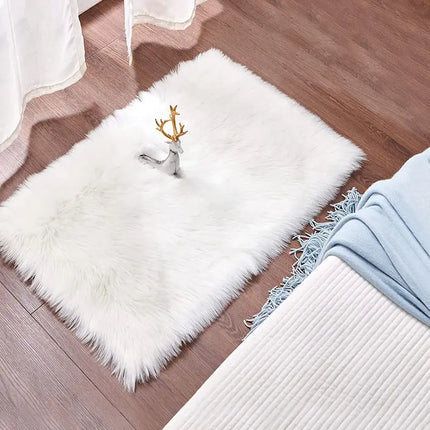 1pc Fluffy White Faux Fur Bedroom Floor Mat
