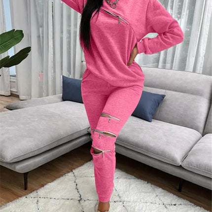 Fashionable Women's Casual Zip Hoodie Set (Two Pieces)