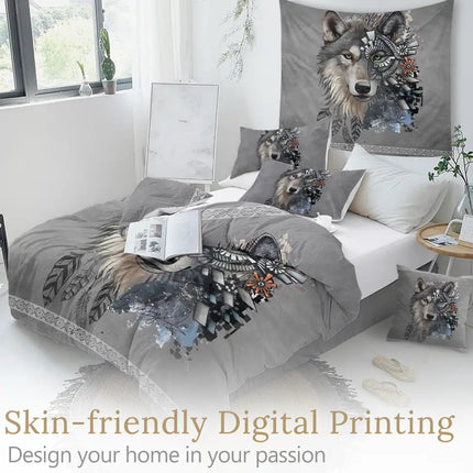 3pcs 3D Print White Wolf Bedding Set with Dreamcatcher
